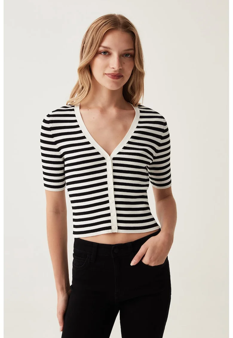 Cardigan crop cu model in dungi, Alb/Negru