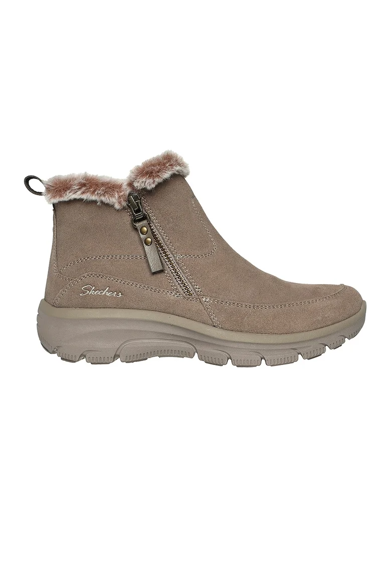 Ghete de piele intoarsa cu garnitura de blana sintetica, Maro taupe deschis