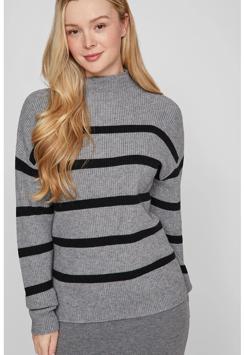 Pulover cu guler inalt si model in dungi, Negru/Gri melange