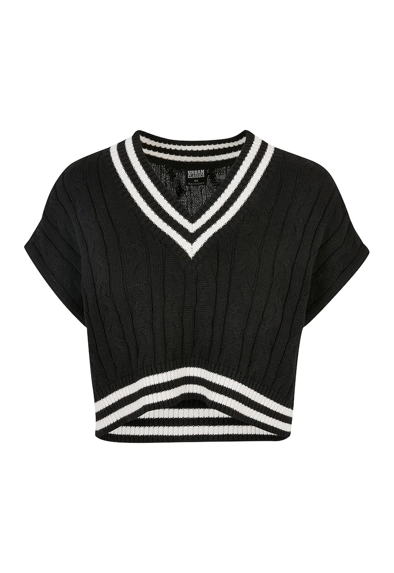 Pulover crop cu model torsade, Alb/Negru