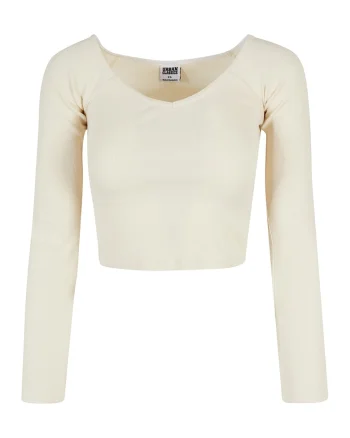 Bluza crop cu decolteu in V, Crem