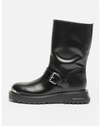 Cizme mid-calf de piele cu aplicatie metalica, Negru/Argintiu