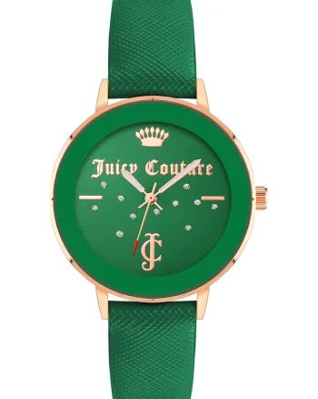 Ceas cu o curea din piele ecologica, Auriu rose/Verde