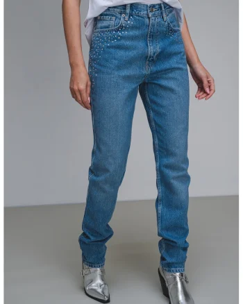 Blugi slim-fit cu aplicatii cu strasuri, Albastru melange