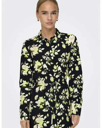 Rochie-camasa cu model floral, Negru/Verde neon