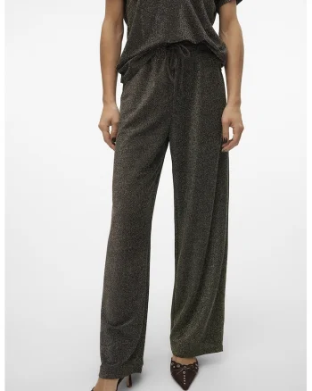 Pantaloni cu snur in talie si aspect stralucitor, Auriu/Negru