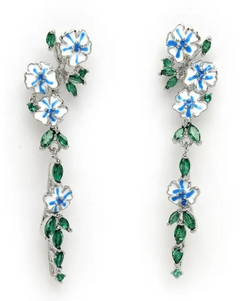 Cercei drop cu detalii florale, Verde/Albastru royal/Alb optic