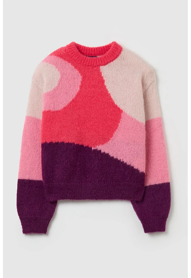 Pulover cu imprimeu geometric si model colorblock, Roz/Crem