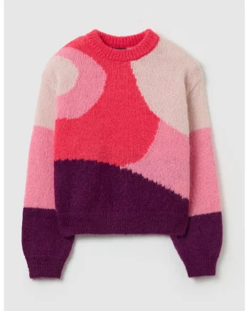 Pulover cu imprimeu geometric si model colorblock, Roz/Crem