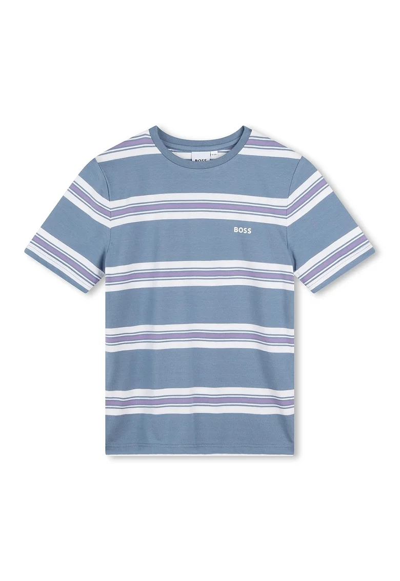 Tricou cu decolteu rotund si model in dungi, Alb/Albastru prafuit