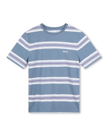 Tricou cu decolteu rotund si model in dungi, Alb/Albastru prafuit