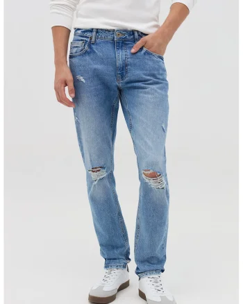 Blugi slim-fit cu detalii cu aspect deteriorat, Albastru deschis