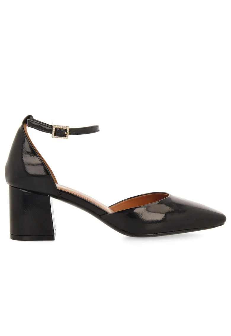 Pantofi de piele ecologica cu aspect lacuit si toc masiv, Negru