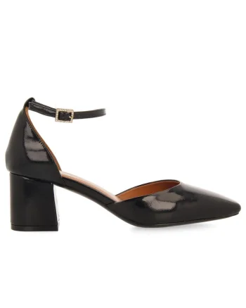 Pantofi de piele ecologica cu aspect lacuit si toc masiv, Negru