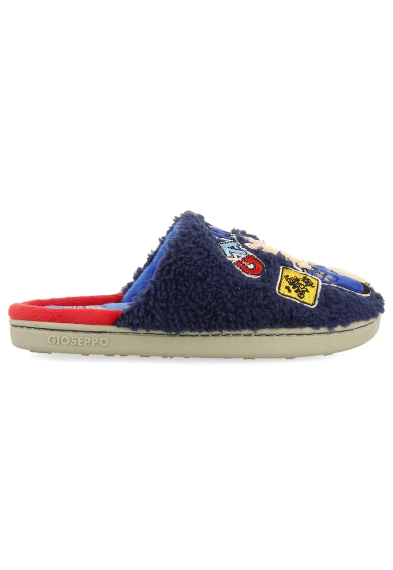 Papuci pufosi de casa cu broderie, Bleumarin