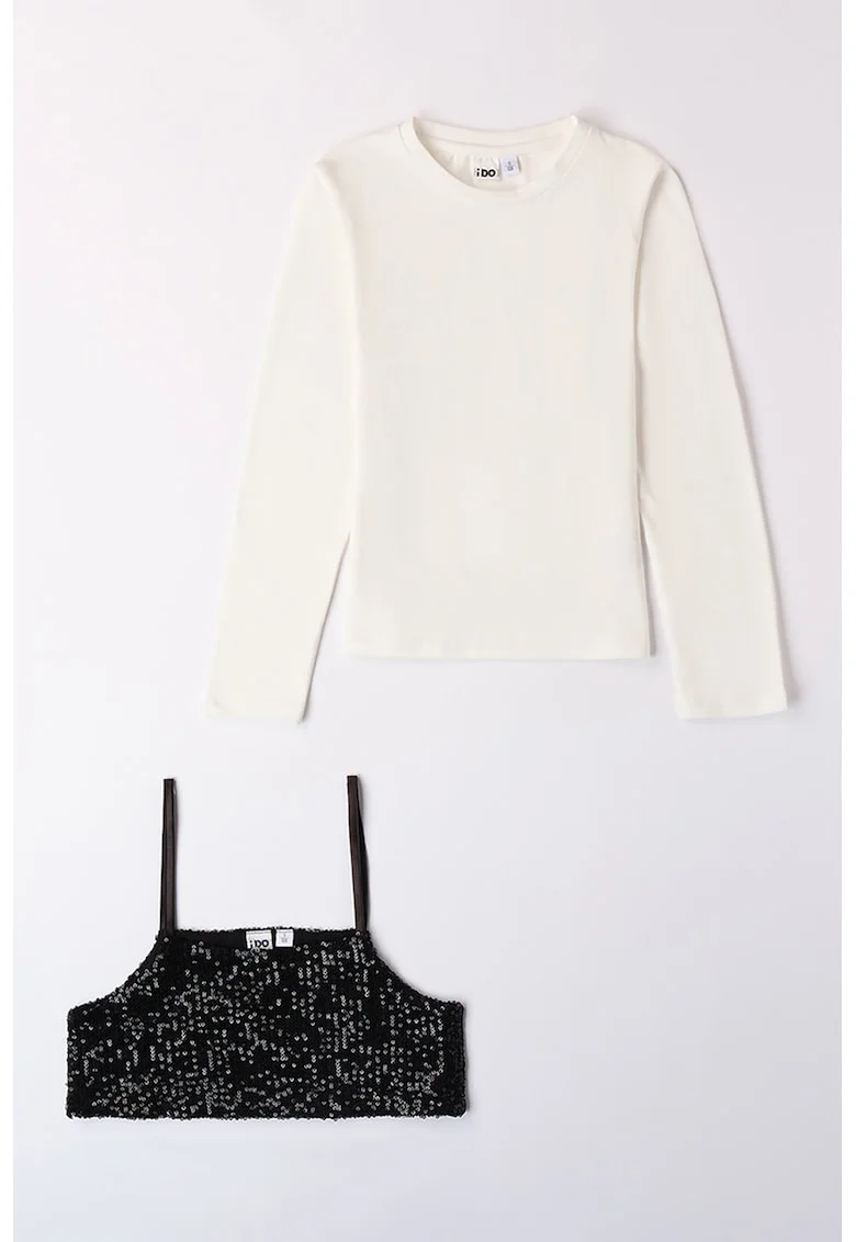 Set de bluza si top cu paiete, Alb fildes/Negru