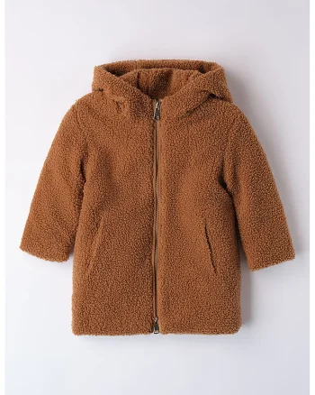 Haina cu gluga, din blana shearling sintetica, Caramel