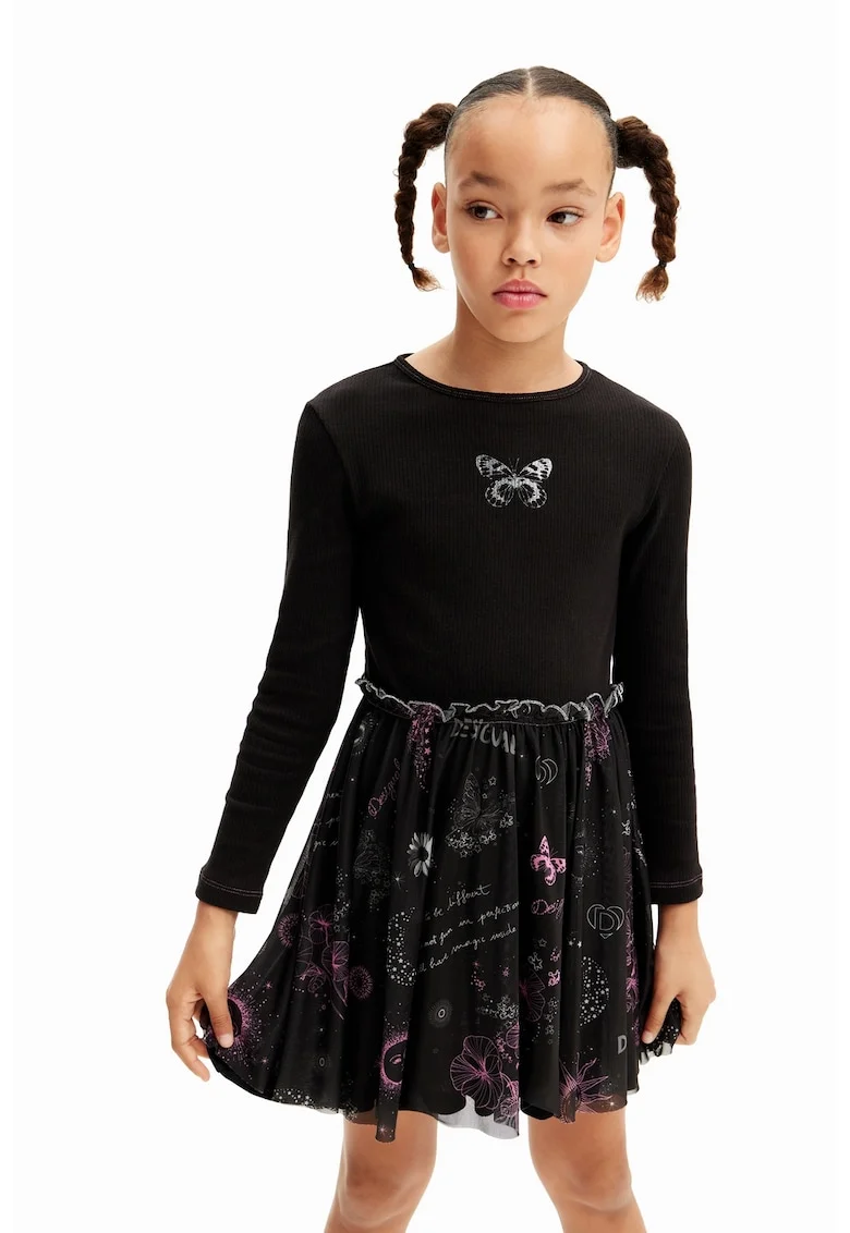 Rochie scurta evazata din amestec de bumbac, Negru
