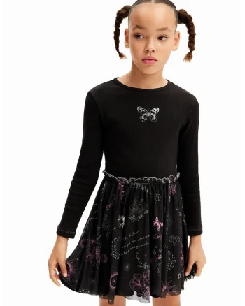 Rochie scurta evazata din amestec de bumbac, Negru