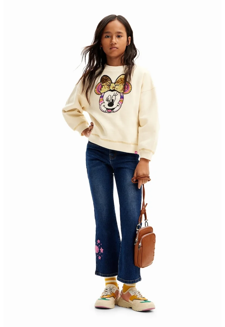 Bluza de trening din bumbac cu model brodat si paiete, Alb fildes