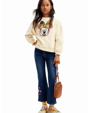 Bluza de trening din bumbac cu model brodat si paiete, Alb fildes