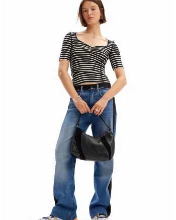 Tricou crop cambrat, Negru/Alb murdar