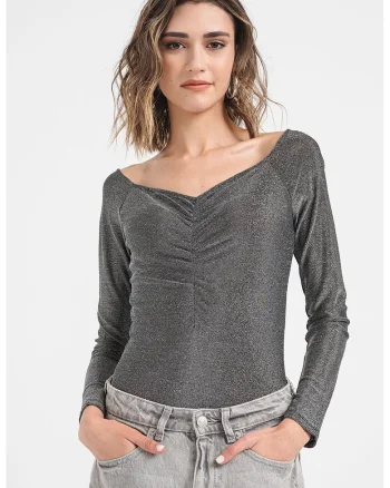 Bluza cu decolteu in V Pandra, Negru/Argintiu