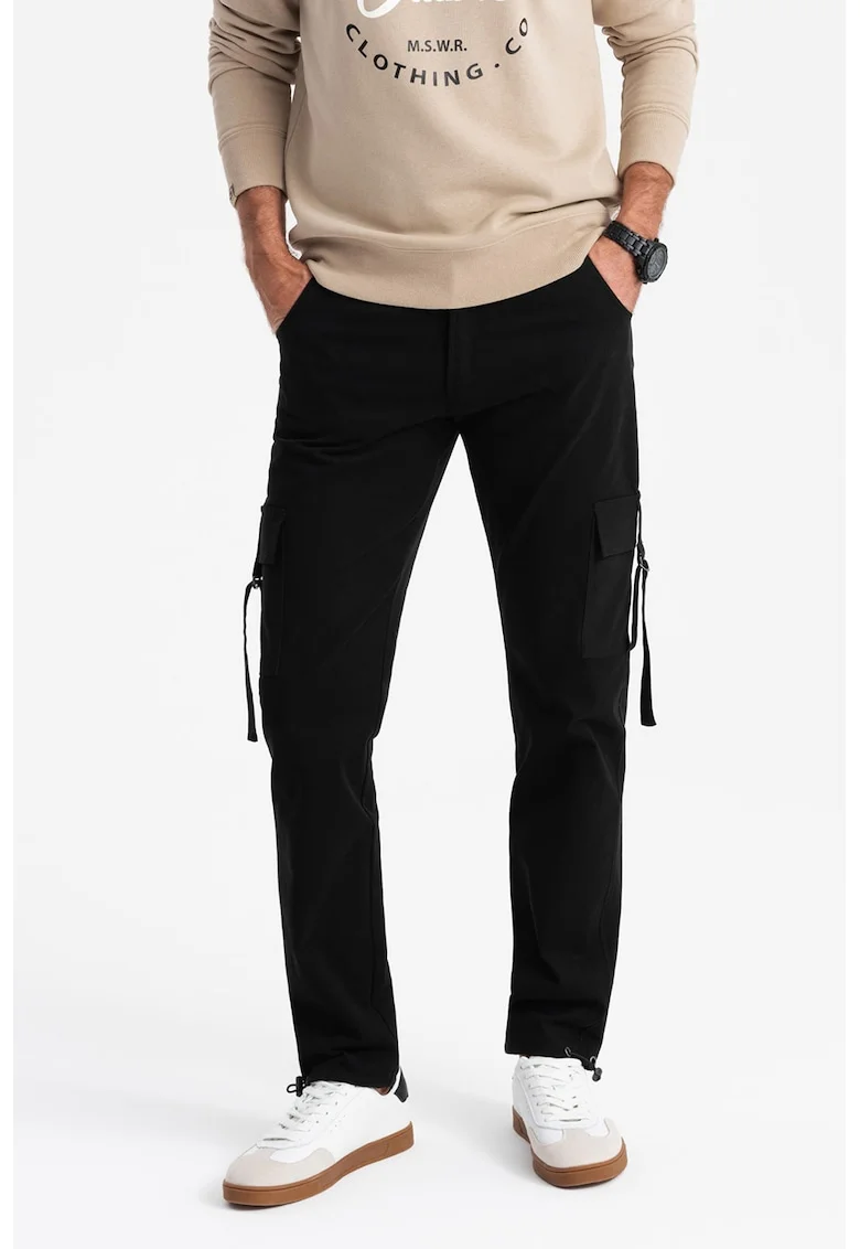 Pantaloni cargo cu croiala dreapta si terminatii ajustabile, Negru
