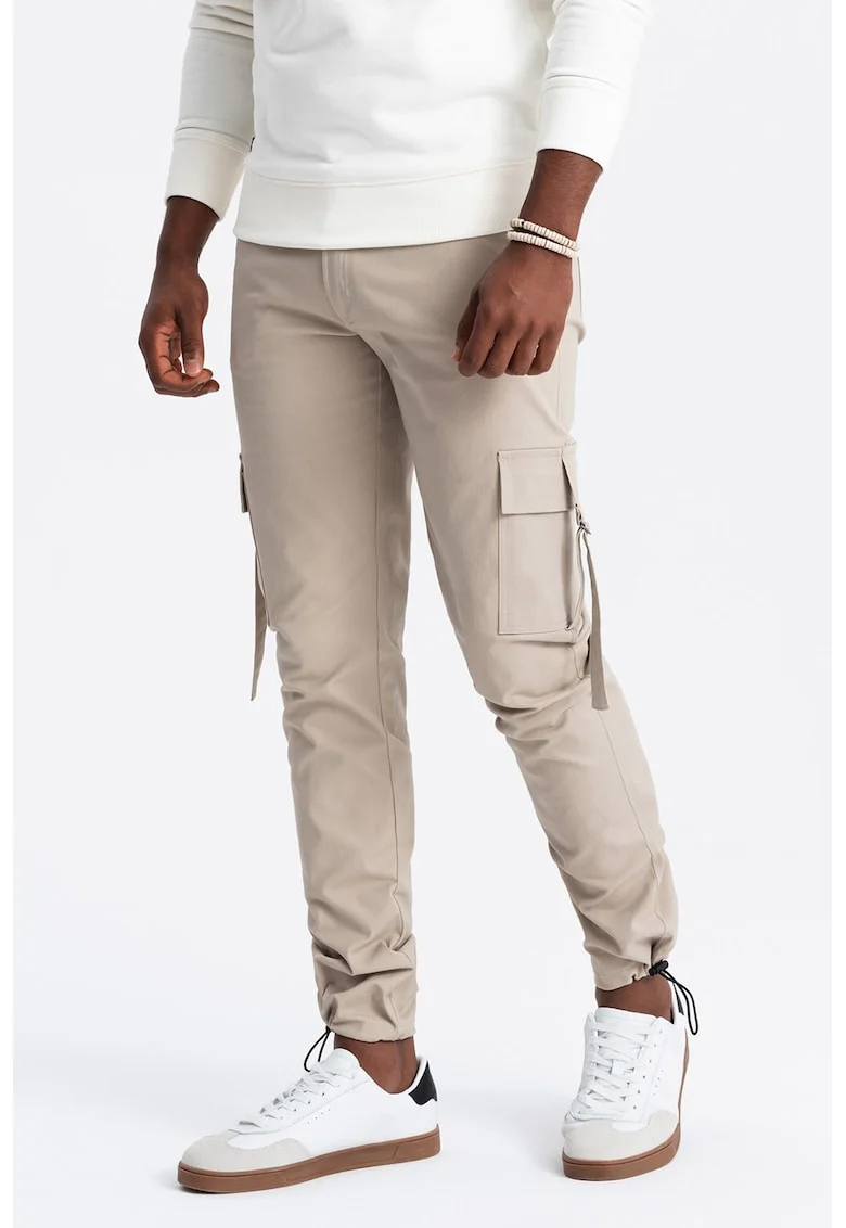 Pantaloni cargo cu croiala dreapta si terminatii ajustabile, Maro nisip