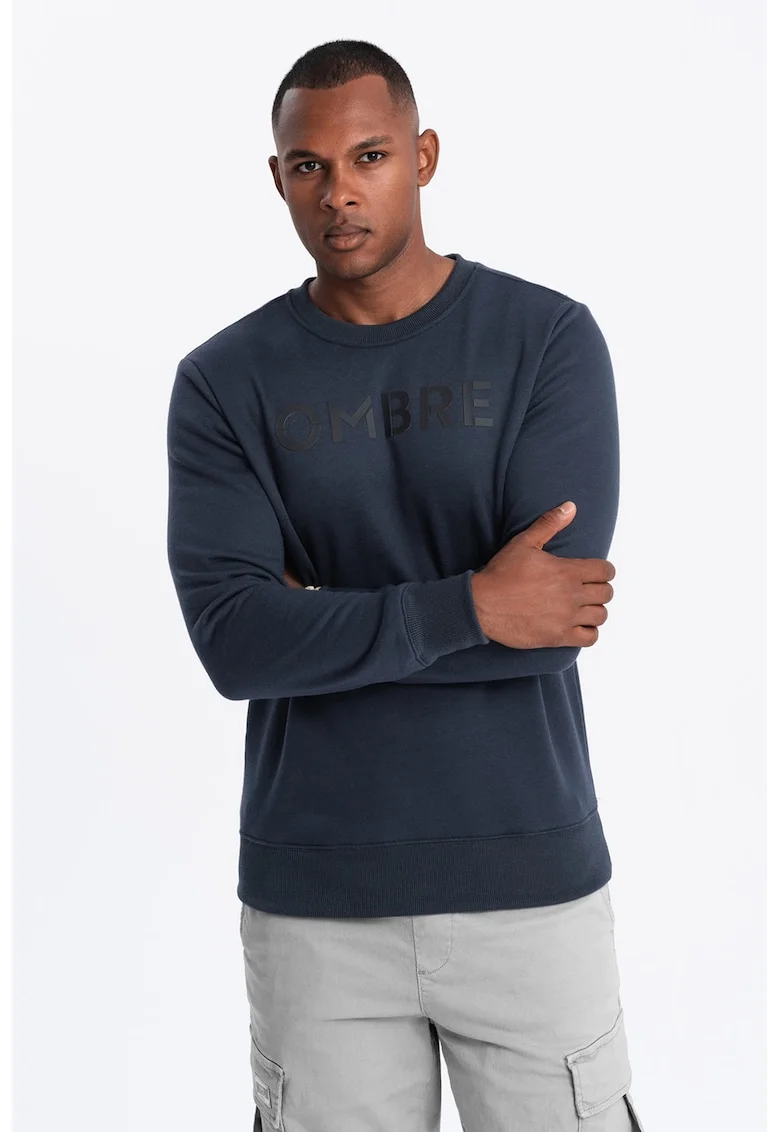Bluza de trening din amestec de bumbac cu model text, Bleumarin
