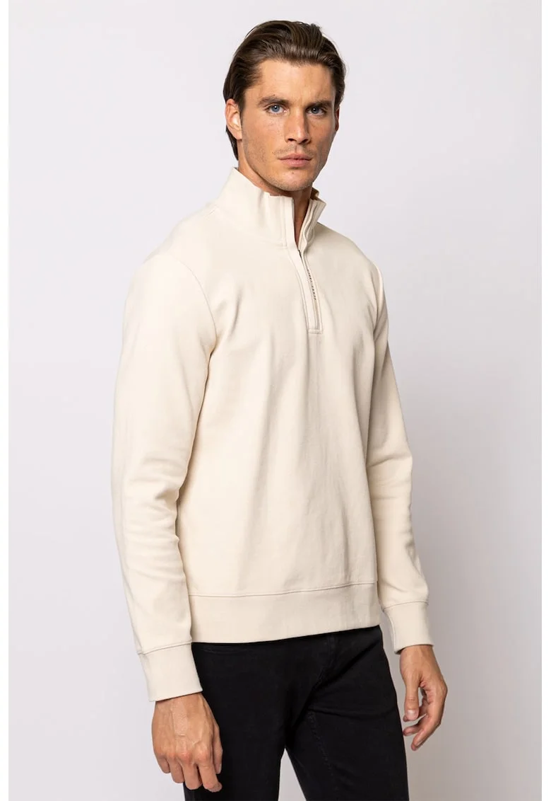 Bluza de trening din amestec de bumbac cu fenta cu fermoar Tyrel, Alb fildes
