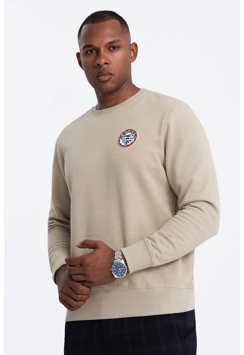 Bluza de trening cu model uni si aplicatie pe piept, Maro nisip