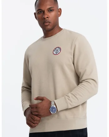 Bluza de trening cu model uni si aplicatie pe piept, Maro nisip