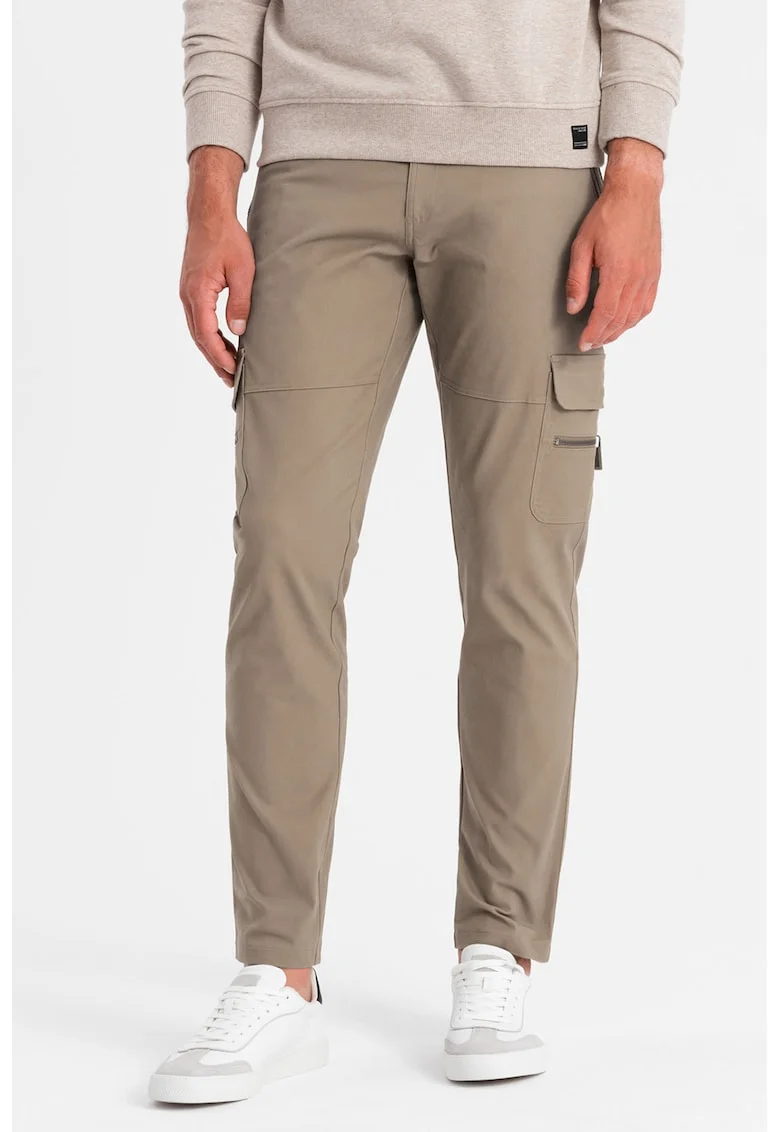 Pantaloni cargo cu croiala dreapta si buzunare cu fermoar, Kaki