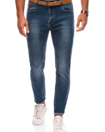 Blugi cu aspect decolorat si curea, Bleumarin