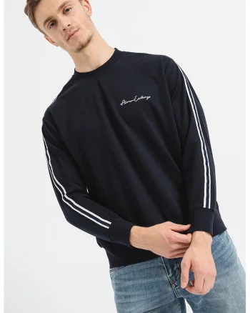 Bluza de trening cu decolteu la baza gatului si maneci cazute, Alb optic/Bleumarin