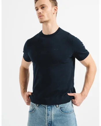 Tricou de bumbac cu decolteu la baza gatului, Bleumarin