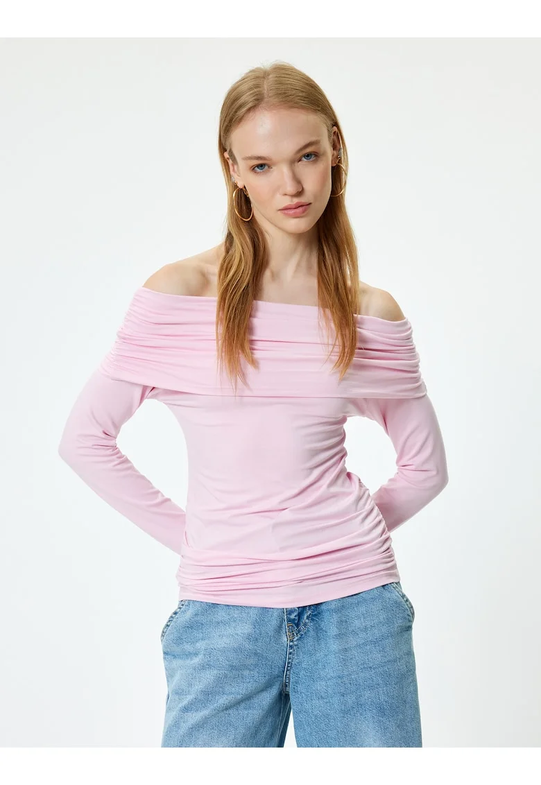 Bluza cu model uni si decolteu pe umeri, Roz
