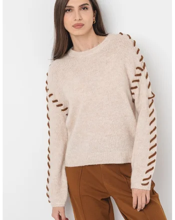 Pulover din amestec de lana Haddie, Alb fildes/Caramel