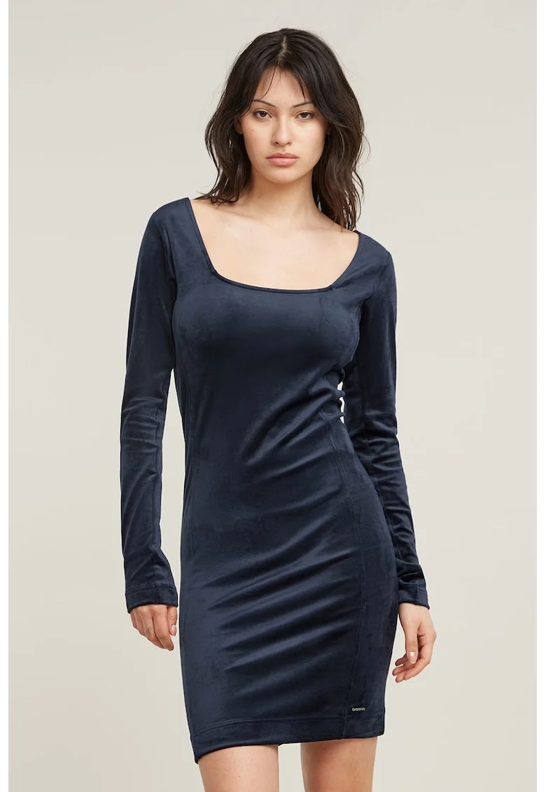 Rochie scurta cu aspect de catifea, Bleumarin
