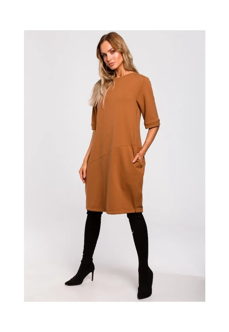 Rochie de dama, Cu buzunare, Bumbac, Elastan, Caramel, Caramel