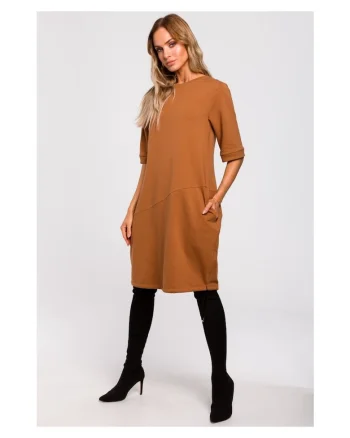 Rochie de dama, Cu buzunare, Bumbac, Elastan, Caramel, Caramel