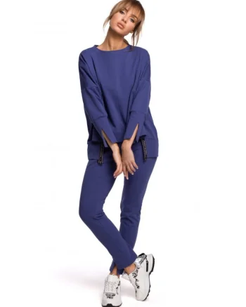 Bluza dama cu despicaturi laterale,  Bumbac/Elastan, Indigo