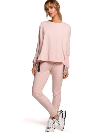 Bluza dama cu despicaturi laterale,  Bumbac/Elastan, Roz pudrat