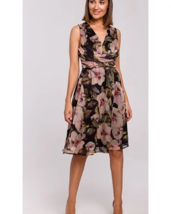 Rochie cu decolteu si model floral,  Poliester, Negru/Roz