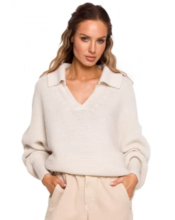Pulover  Cu decolteu in V, Acril, Nylon, Bej
