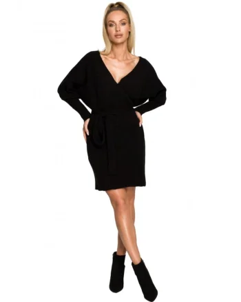 Rochie pulover  Cu decolteu in V, Acril, Lana, Negru