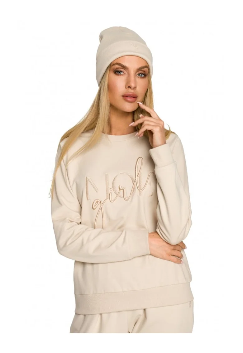 Beanie dama cu broderie. . Bumbac/Elastan. Crem. Marime Universala