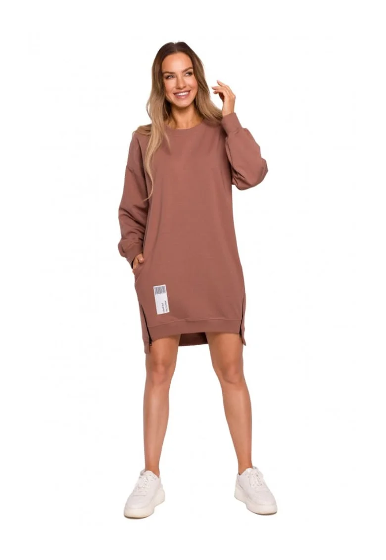 Bluza lunga cu fermoar,  Bumbac/Elastan, Ciocolatiu
