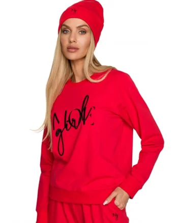 Beanie dama cu broderie. . Bumbac/Elastan. Rosu. Marime Universala